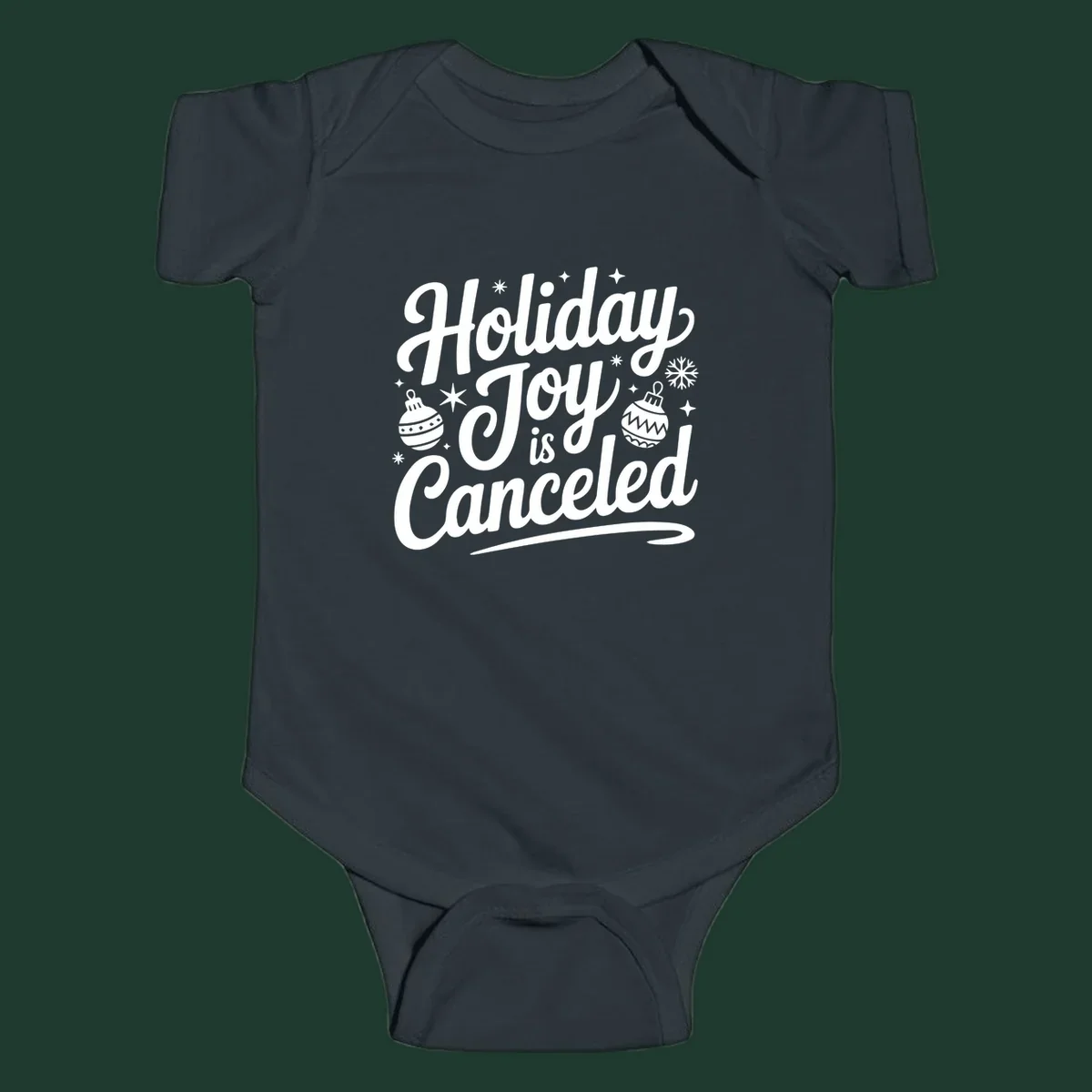 Holiday Joy Is Canceled text with Christmas ornaments and snowflakes