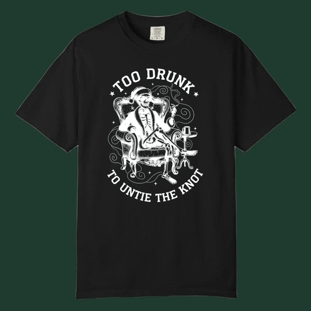 Drunk christmas skeleton in armchair, smoking, with text. Dark garment variant.