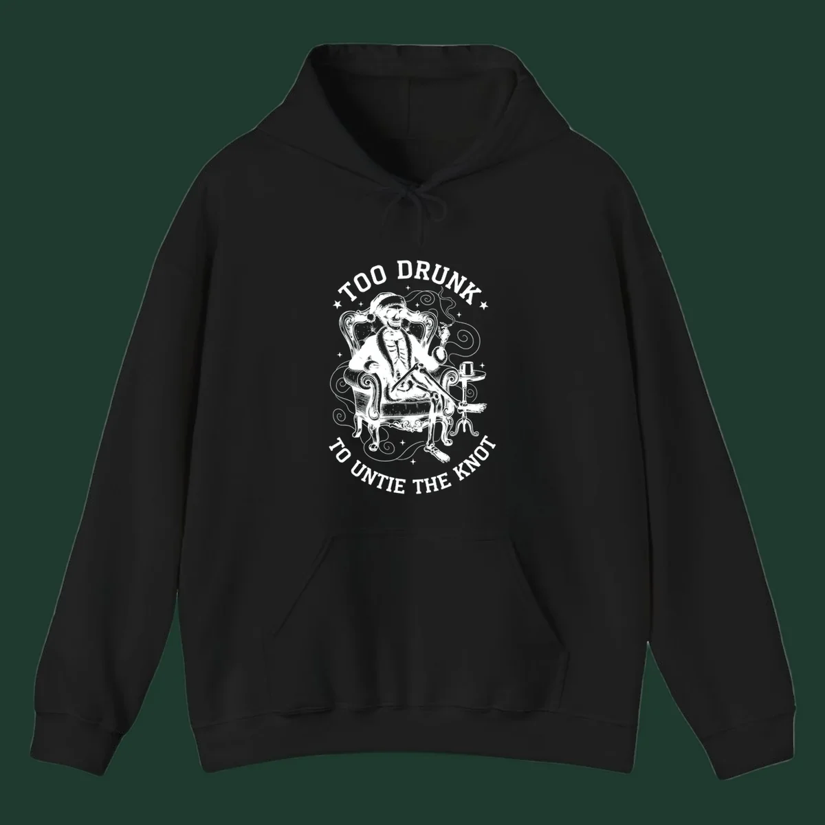 Drunk christmas skeleton in armchair, smoking, with text. Dark garment variant.