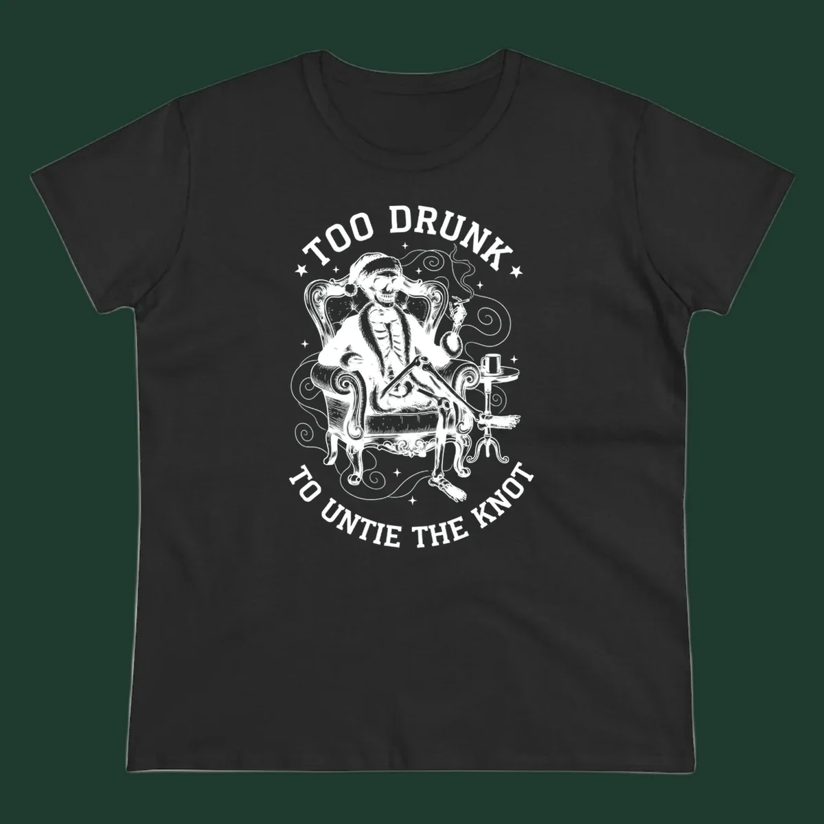 Drunk christmas skeleton in armchair, smoking, with text. Dark garment variant.