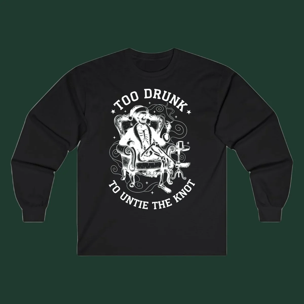 Drunk christmas skeleton in armchair, smoking, with text. Dark garment variant.