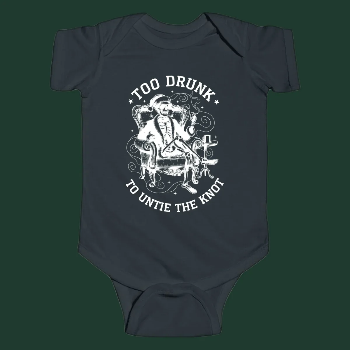 Drunk christmas skeleton in armchair, smoking, with text. Dark garment variant.