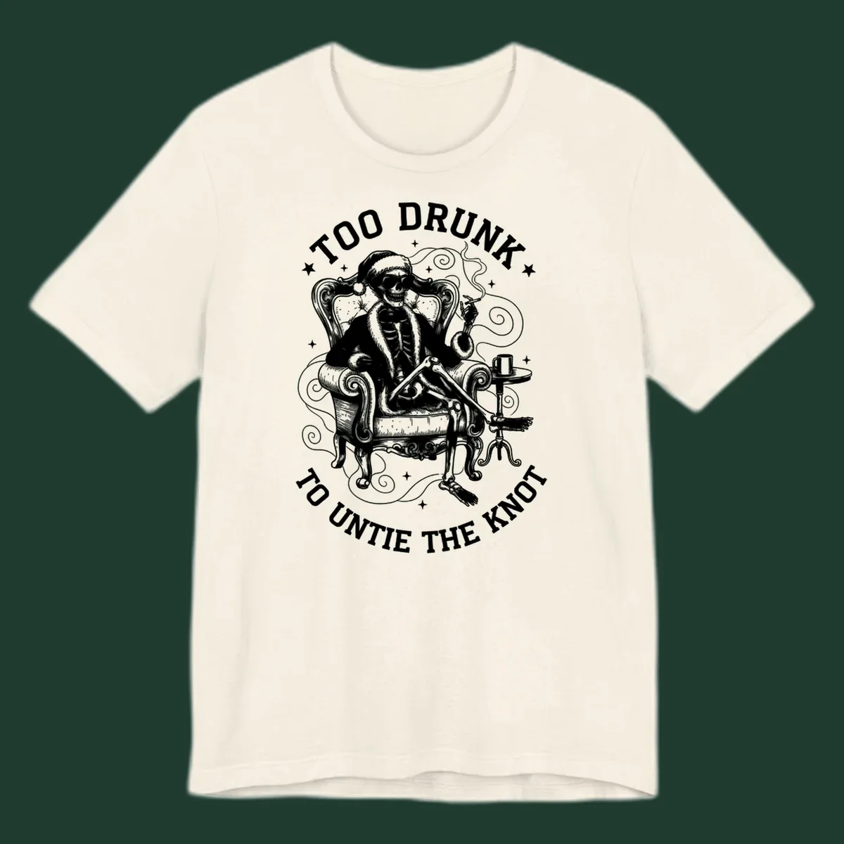 Drunk christmas skeleton in armchair, smoking, with text. Dark garment variant.