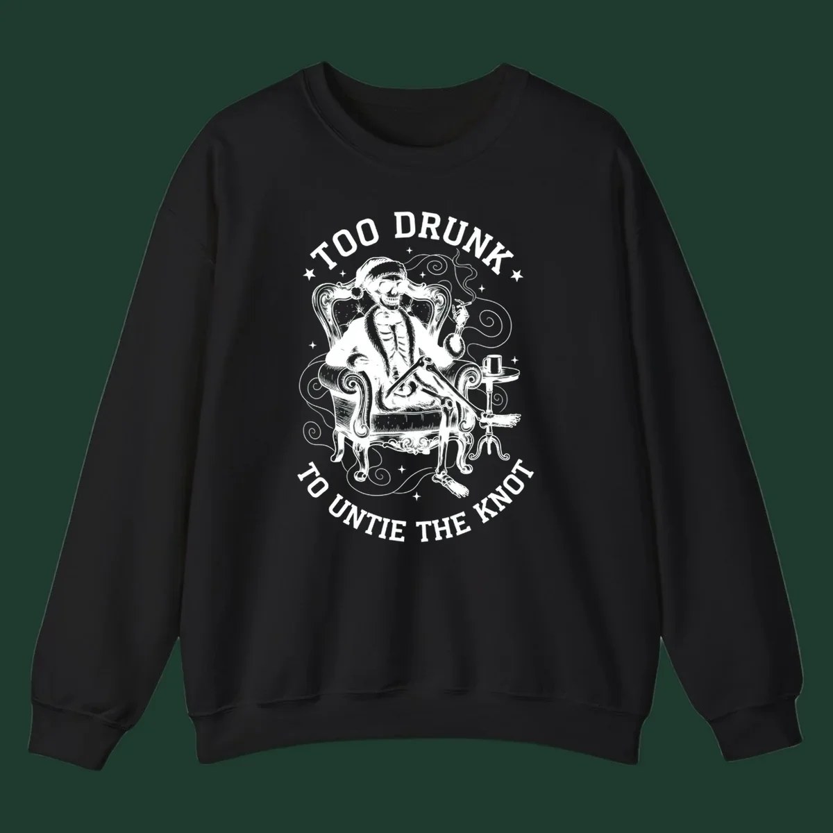 Drunk christmas skeleton in armchair, smoking, with text. Dark garment variant.
