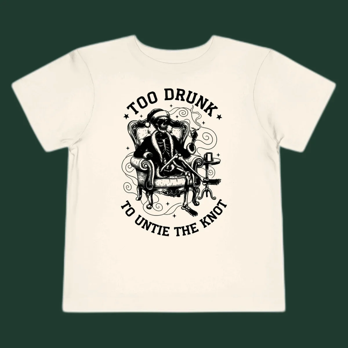 Drunk christmas skeleton in armchair, smoking, with text. Dark garment variant.