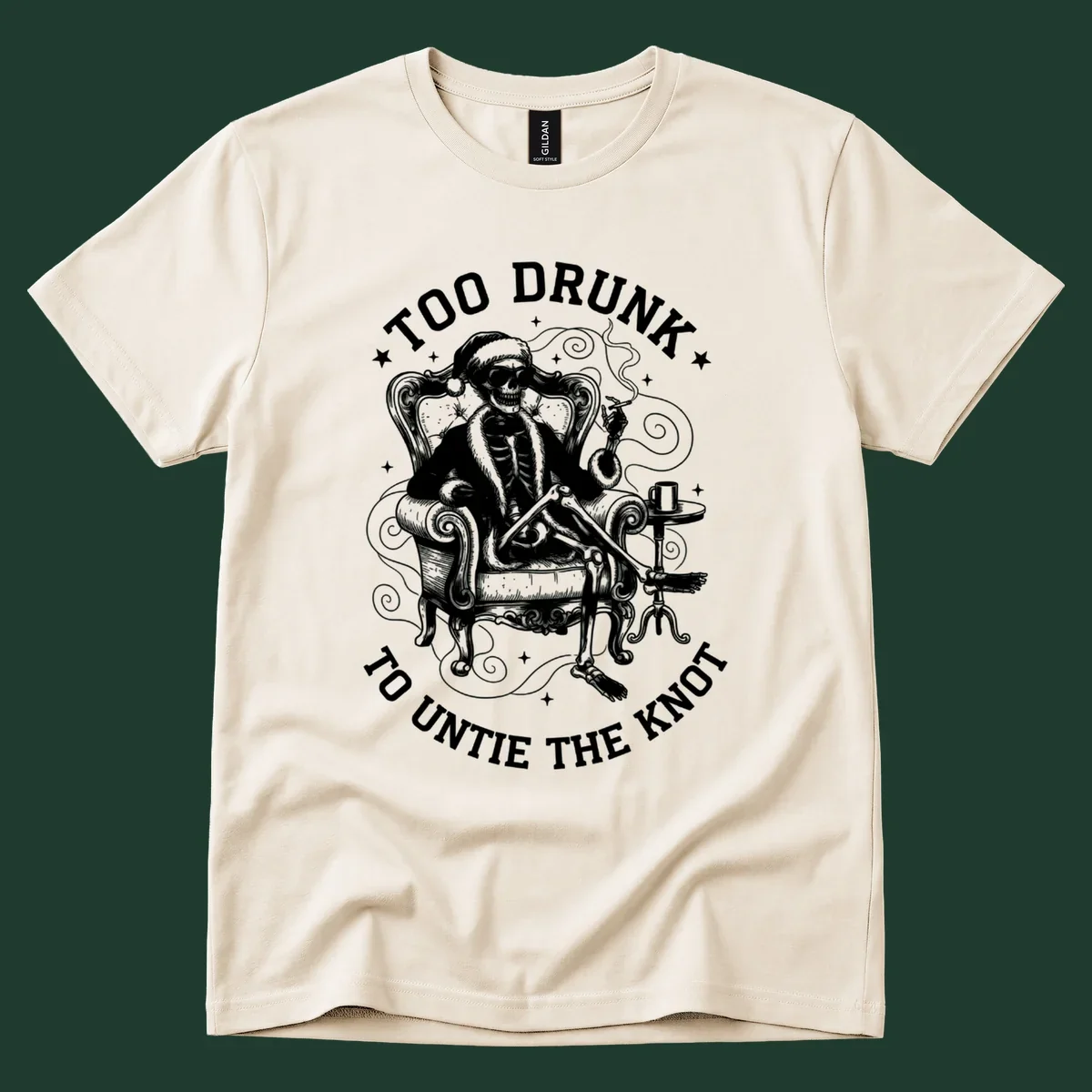 Drunk christmas skeleton in armchair, smoking, with text. Dark garment variant.