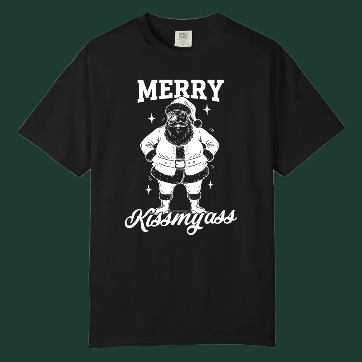 Merry Kiss My Ass Santa Illustration graphic tee. Santa Claus winks with sunglasses.