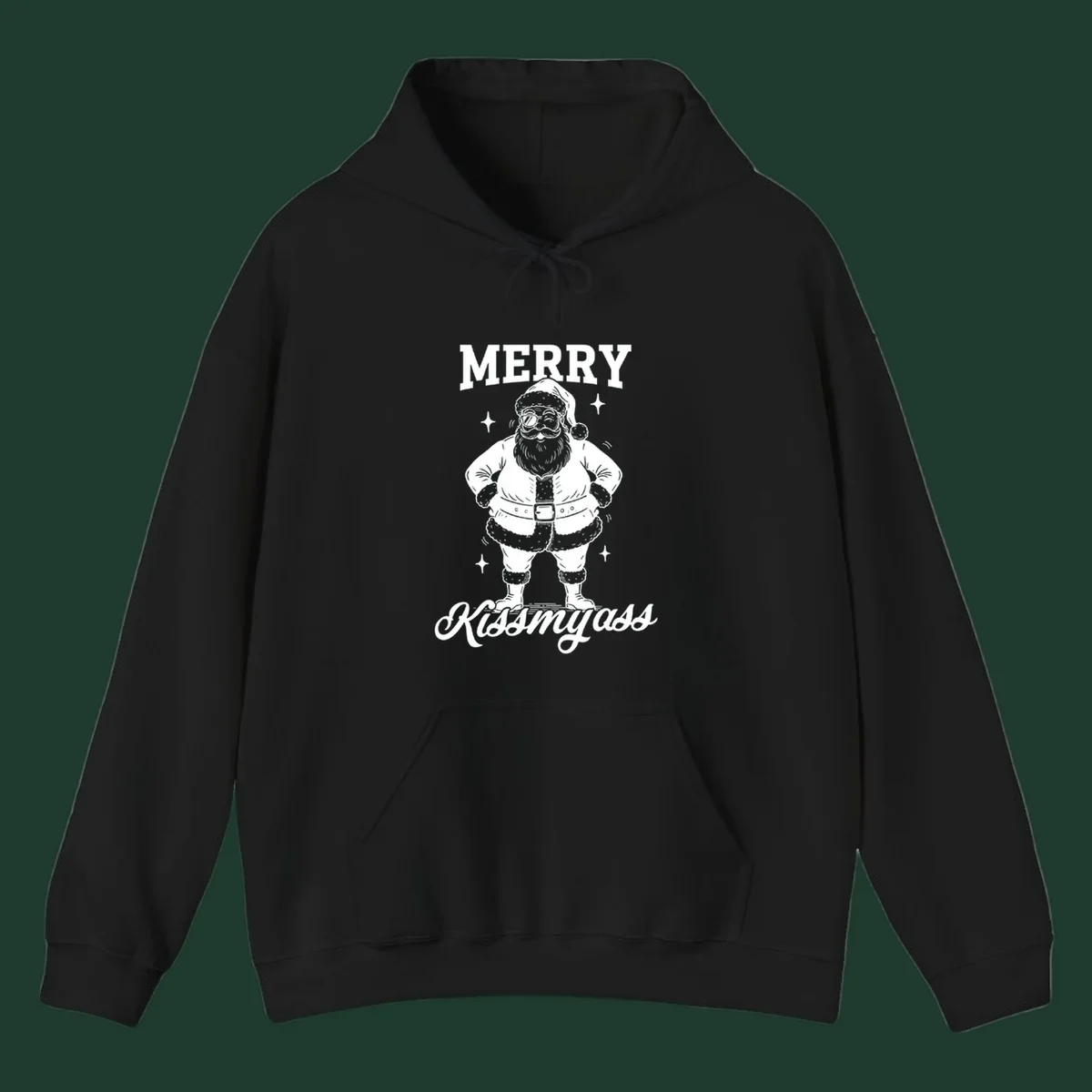 Merry Kiss My Ass Santa Illustration graphic tee. Santa Claus winks with sunglasses.