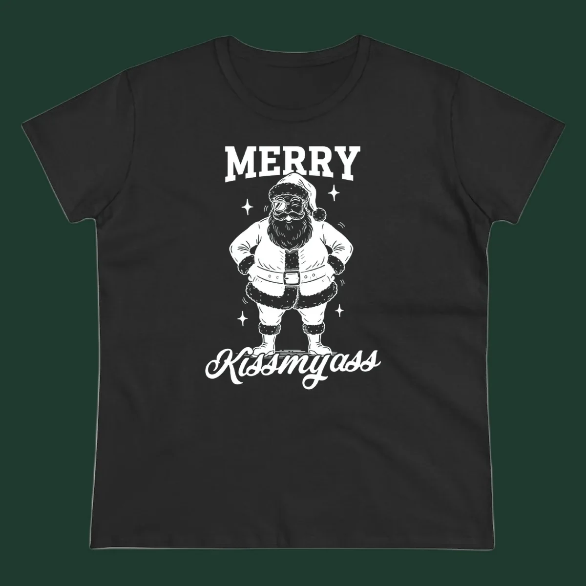 Merry Kiss My Ass Santa Illustration graphic tee. Santa Claus winks with sunglasses.