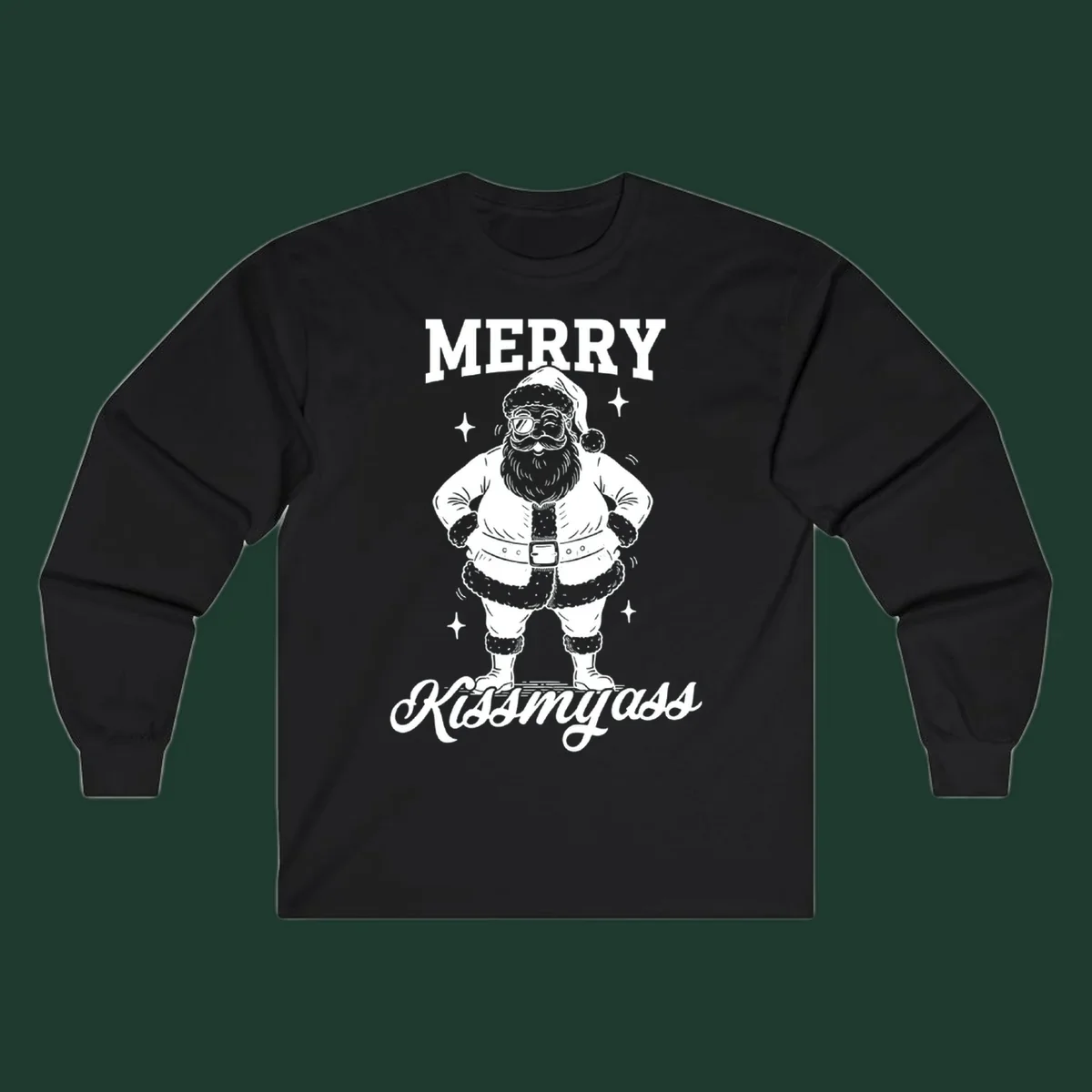 Merry Kiss My Ass Santa Illustration graphic tee. Santa Claus winks with sunglasses.