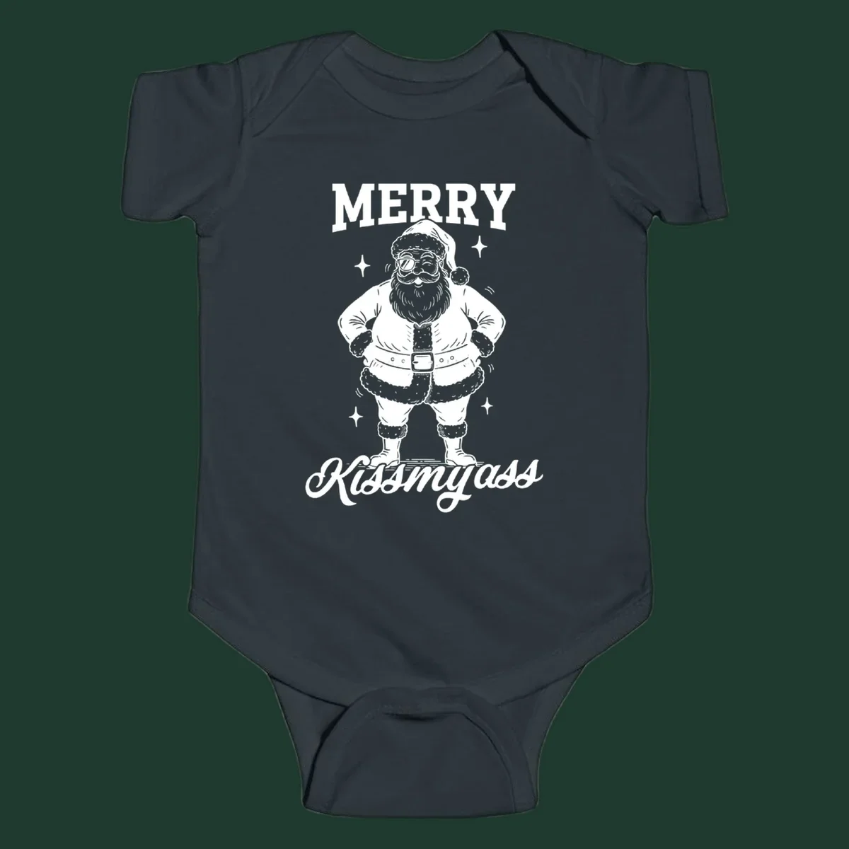 Merry Kiss My Ass Santa Illustration graphic tee. Santa Claus winks with sunglasses.