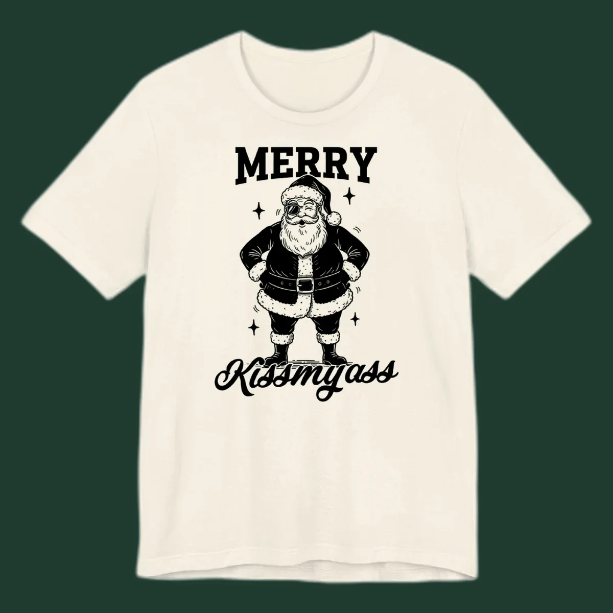 Merry Kiss My Ass Santa Illustration graphic tee. Santa Claus winks with sunglasses.