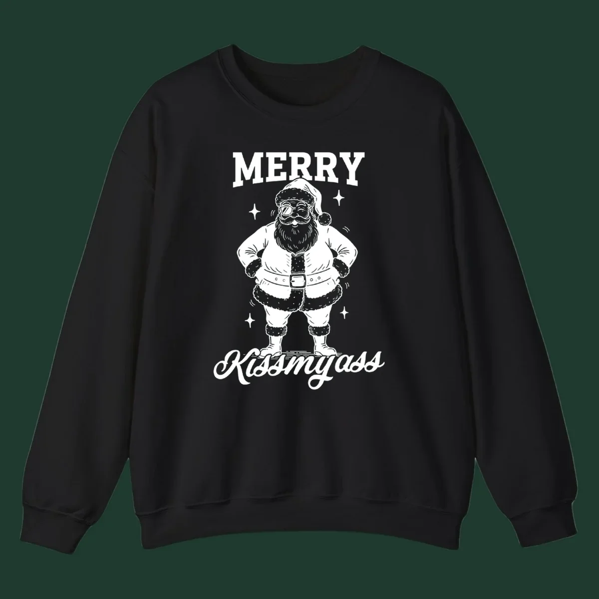 Merry Kiss My Ass Santa Illustration graphic tee. Santa Claus winks with sunglasses.