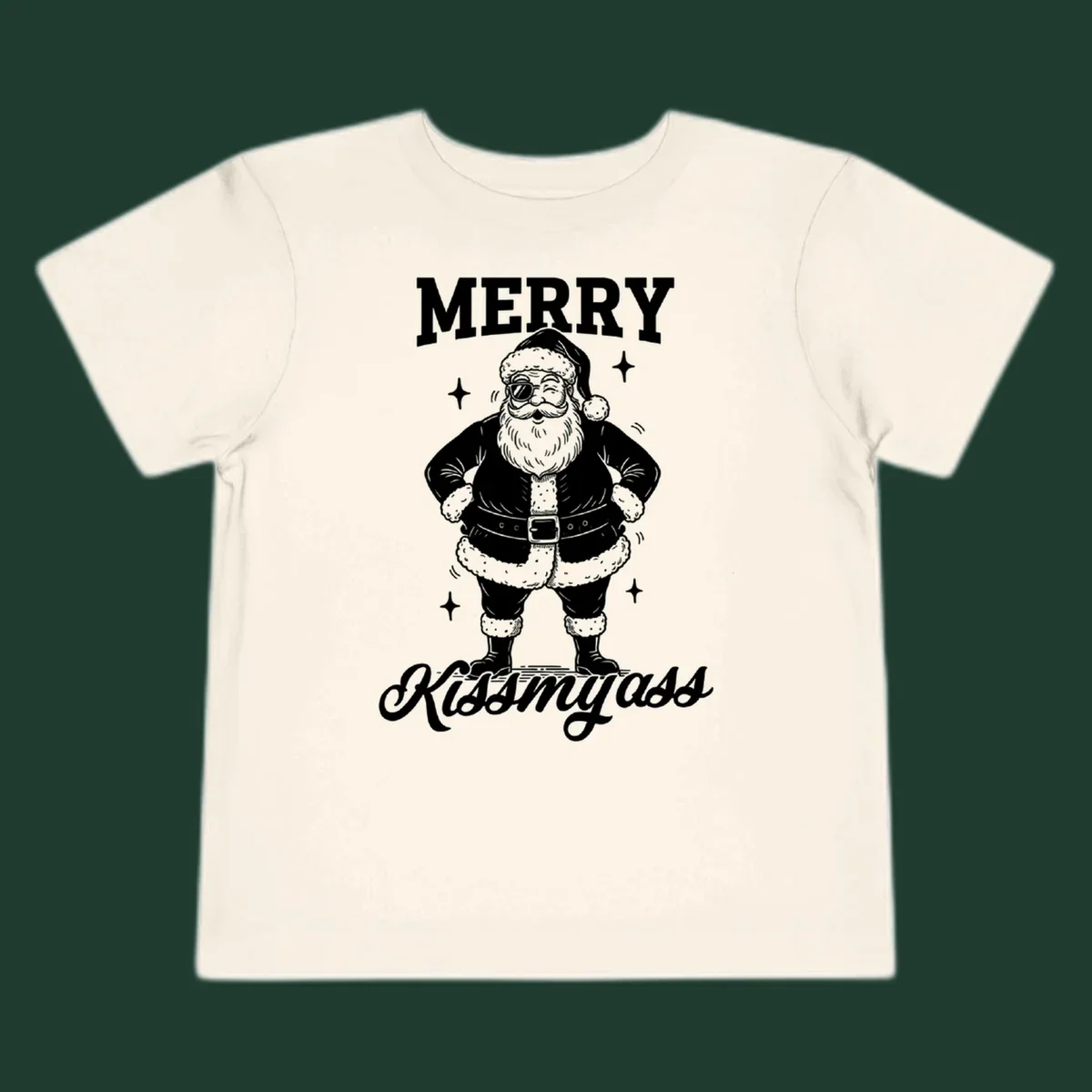 Merry Kiss My Ass Santa Illustration graphic tee. Santa Claus winks with sunglasses.