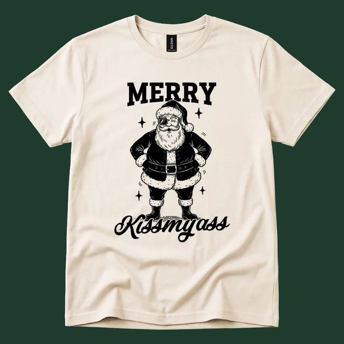 Merry Kiss My Ass Santa Illustration graphic tee. Santa Claus winks with sunglasses.