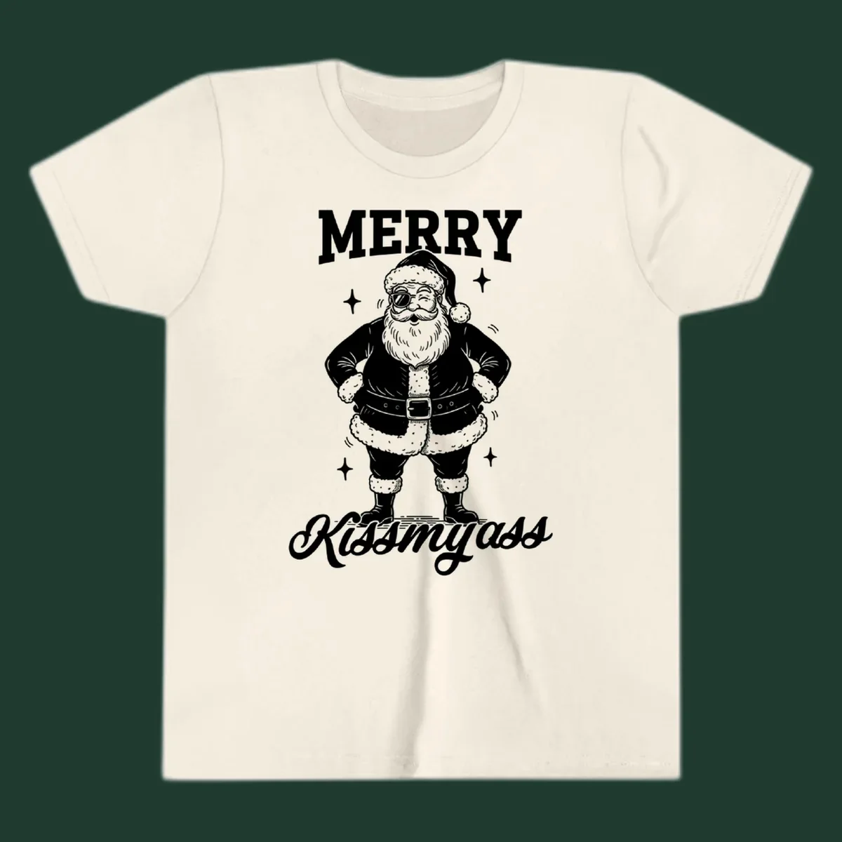 Merry Kiss My Ass Santa Illustration graphic tee. Santa Claus winks with sunglasses.