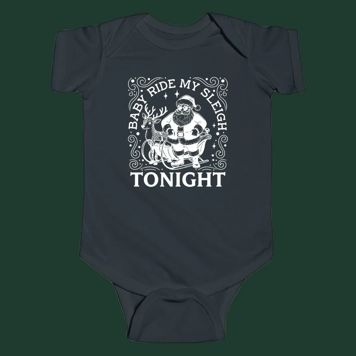 Illustration of Santa in a sleigh with a reindeer, text reads 'Baby Ride My Sleigh Tonight'.