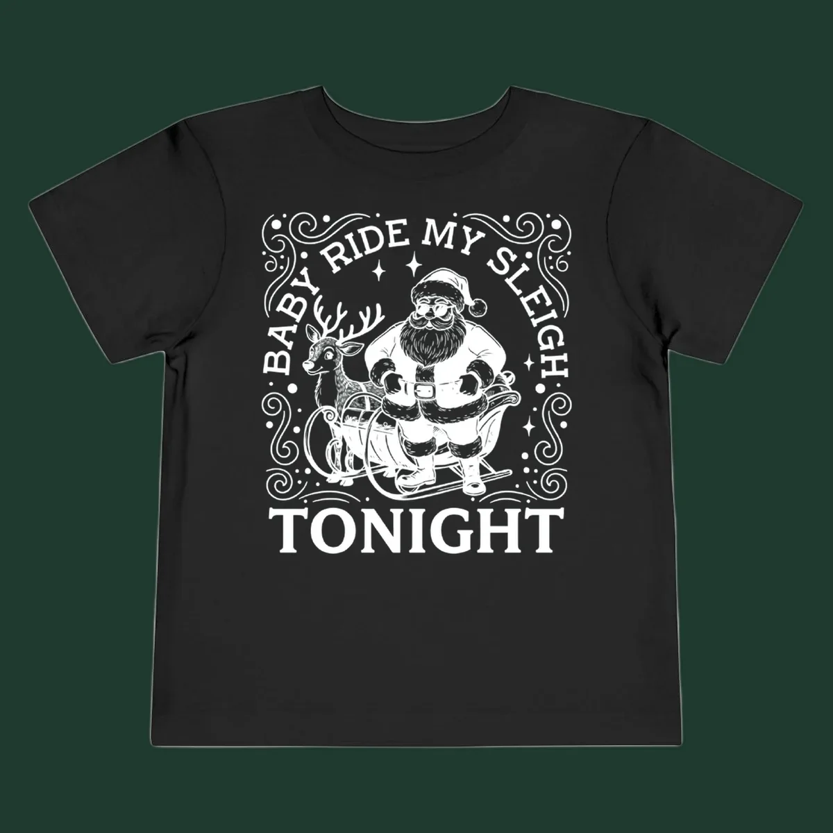 Illustration of Santa in a sleigh with a reindeer, text reads 'Baby Ride My Sleigh Tonight'.