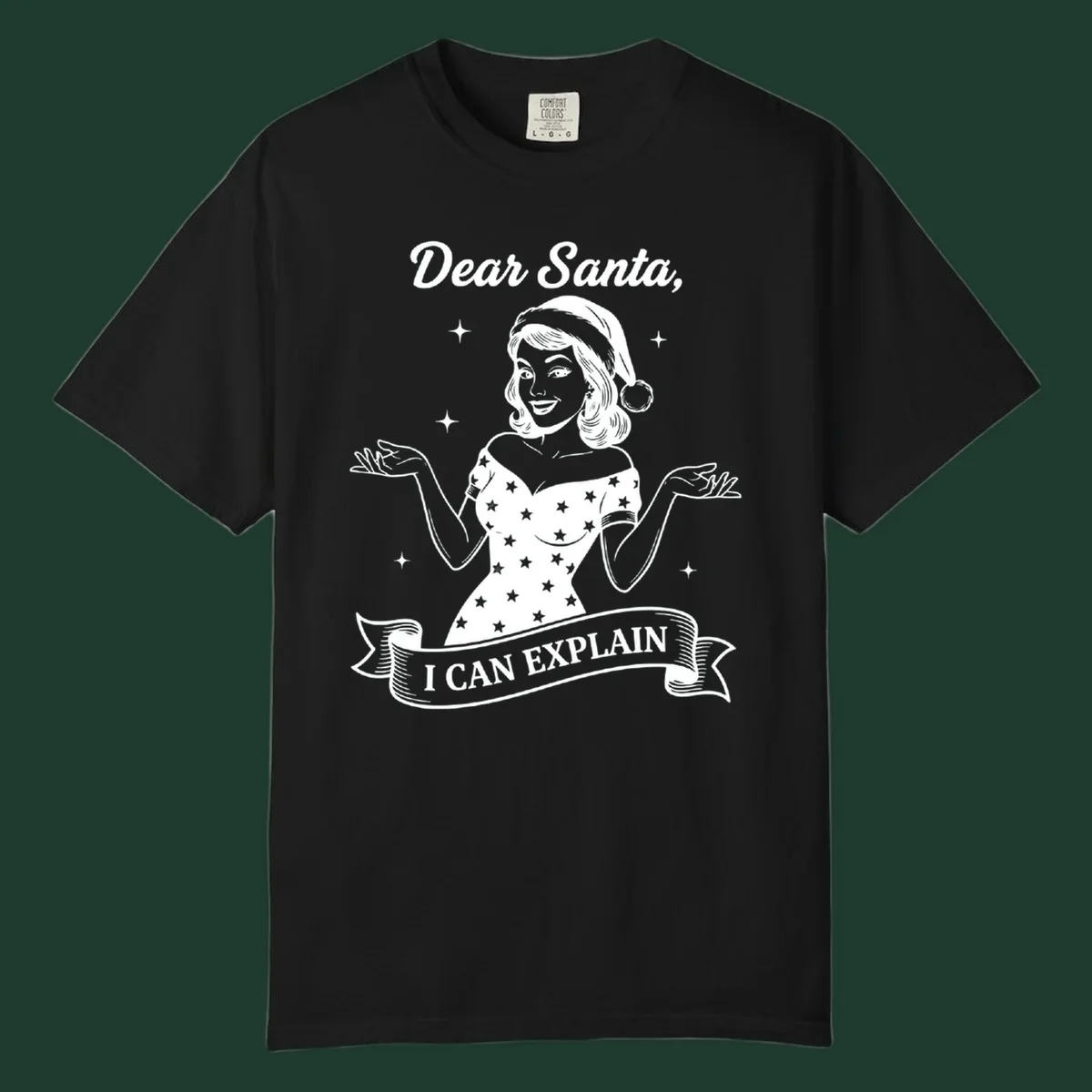 Illustration of a woman in a Santa hat with text 'Dear Santa, I CAN EXPLAIN'.