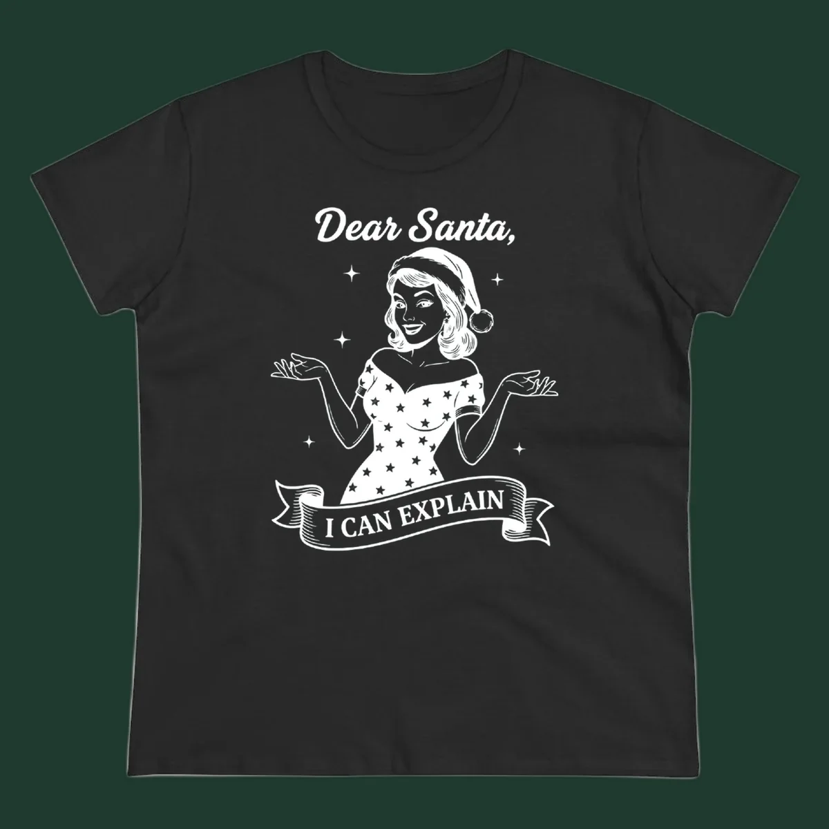 Illustration of a woman in a Santa hat with text 'Dear Santa, I CAN EXPLAIN'.
