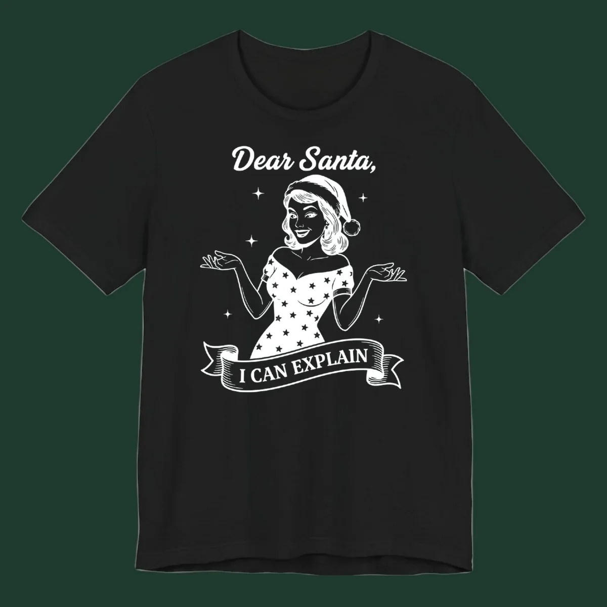 Illustration of a woman in a Santa hat with text 'Dear Santa, I CAN EXPLAIN'.