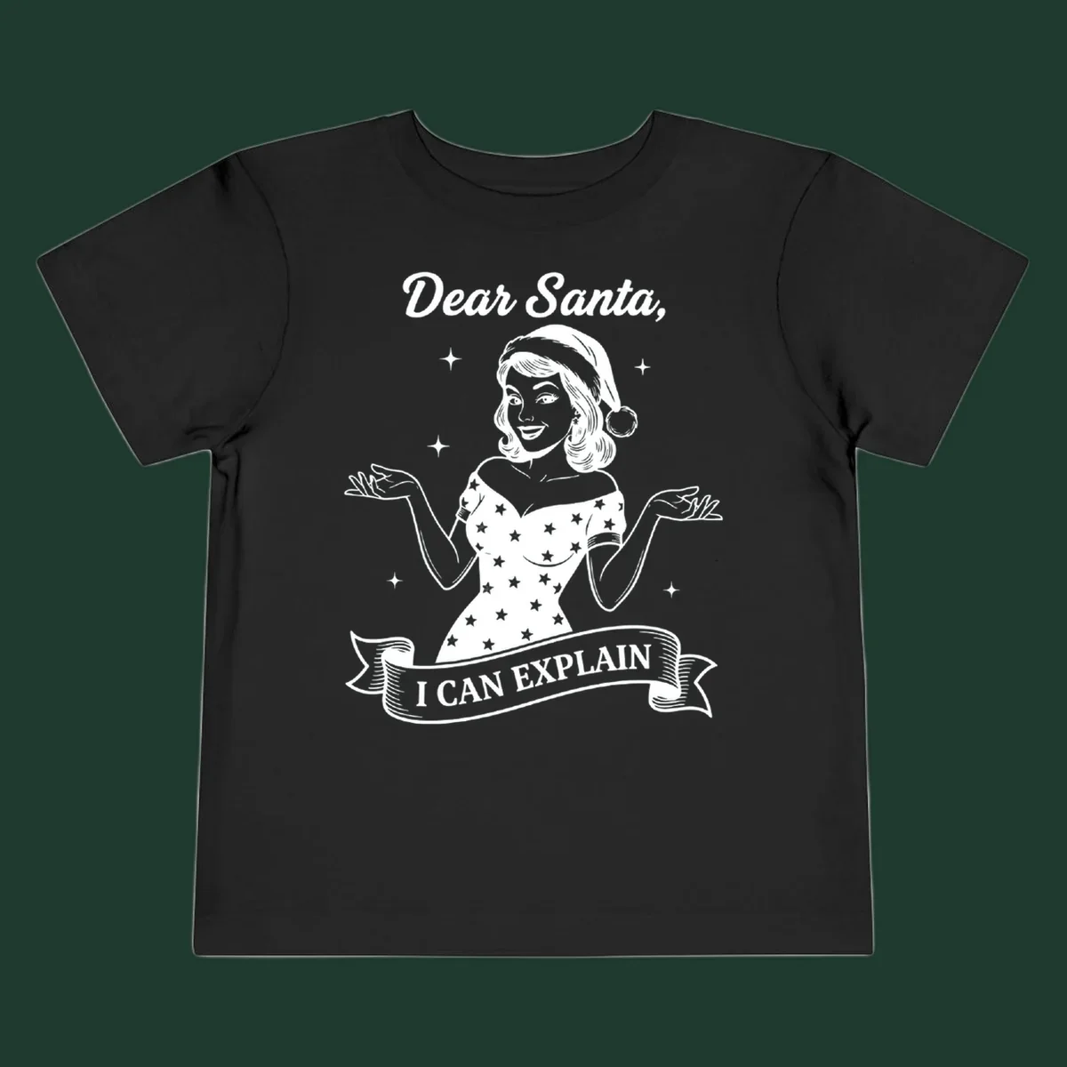 Illustration of a woman in a Santa hat with text 'Dear Santa, I CAN EXPLAIN'.