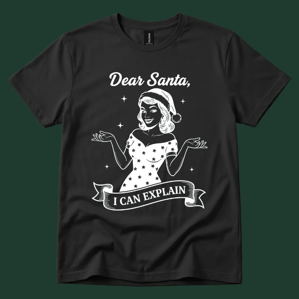 Illustration of a woman in a Santa hat with text 'Dear Santa, I CAN EXPLAIN'.