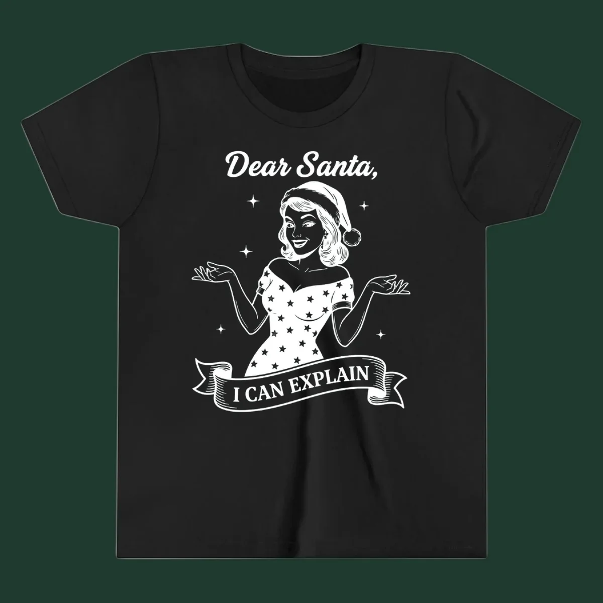 Illustration of a woman in a Santa hat with text 'Dear Santa, I CAN EXPLAIN'.