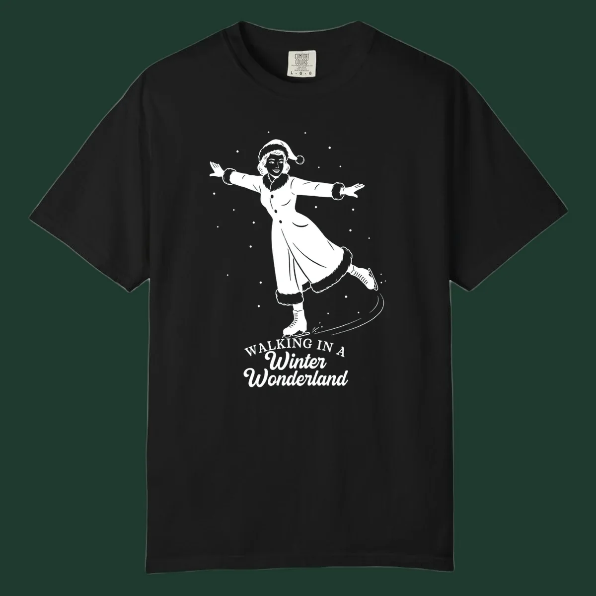 Vintage illustration of a woman ice skating in a winter wonderland with text.