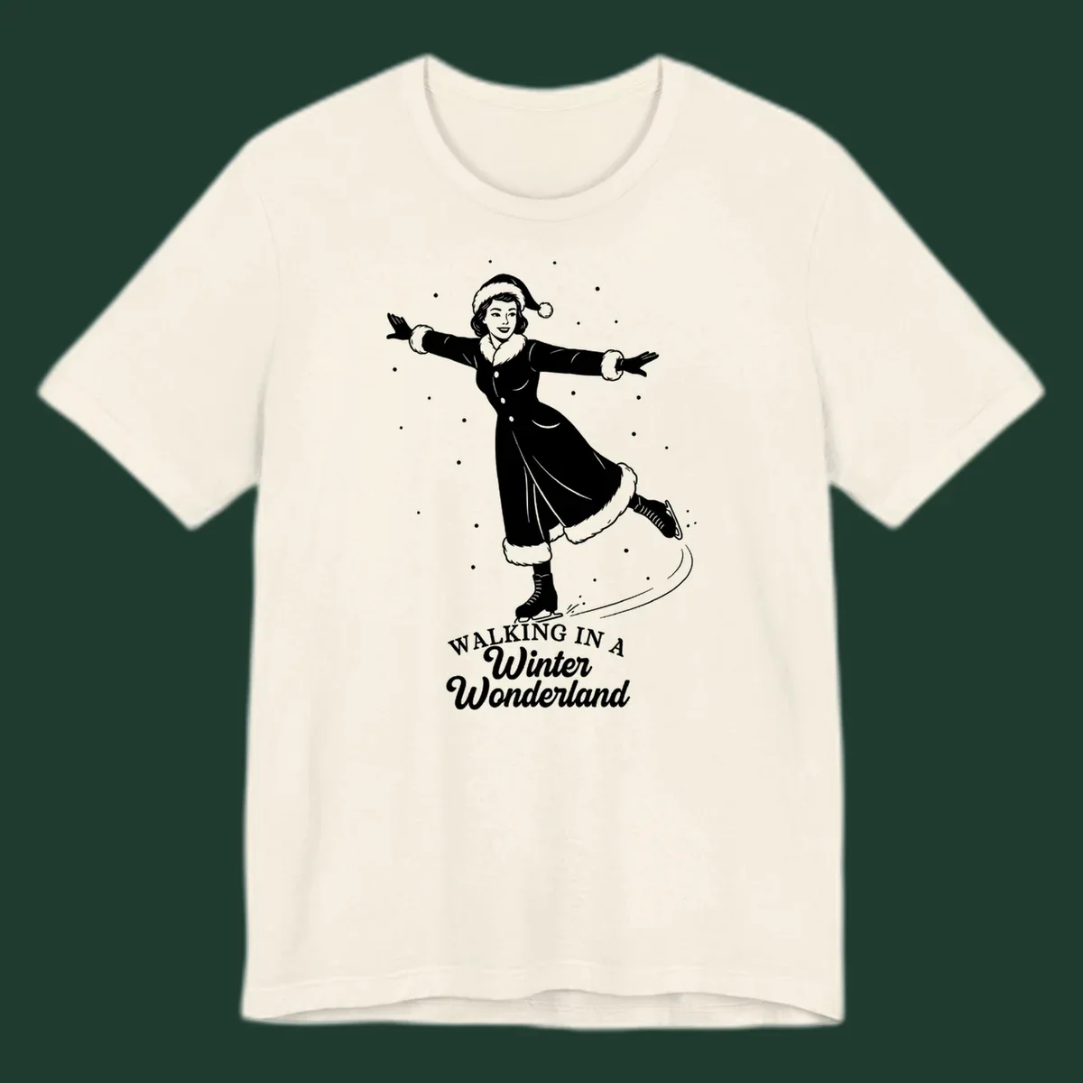 Vintage illustration of a woman ice skating in a winter wonderland with text.