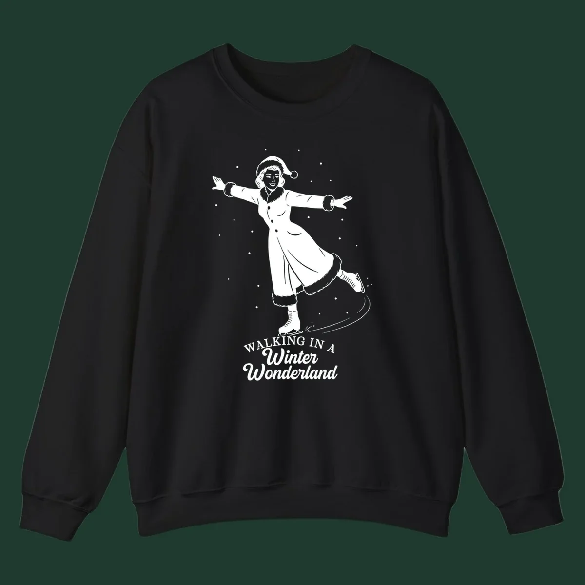 Vintage illustration of a woman ice skating in a winter wonderland with text.