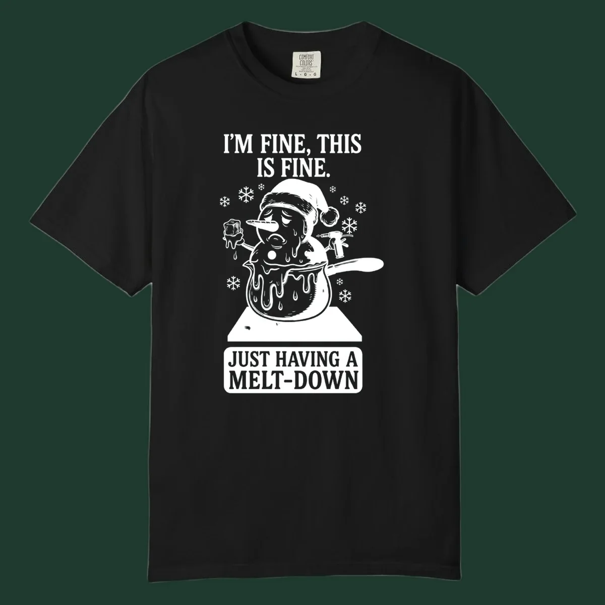Melting snowman in a pot with text 'I'M FINE, THIS IS FINE. JUST HAVING A MELT-DOWN.'