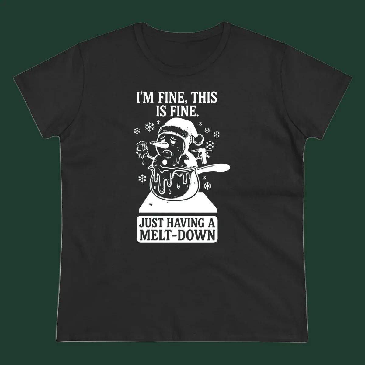 Melting snowman in a pot with text 'I'M FINE, THIS IS FINE. JUST HAVING A MELT-DOWN.'