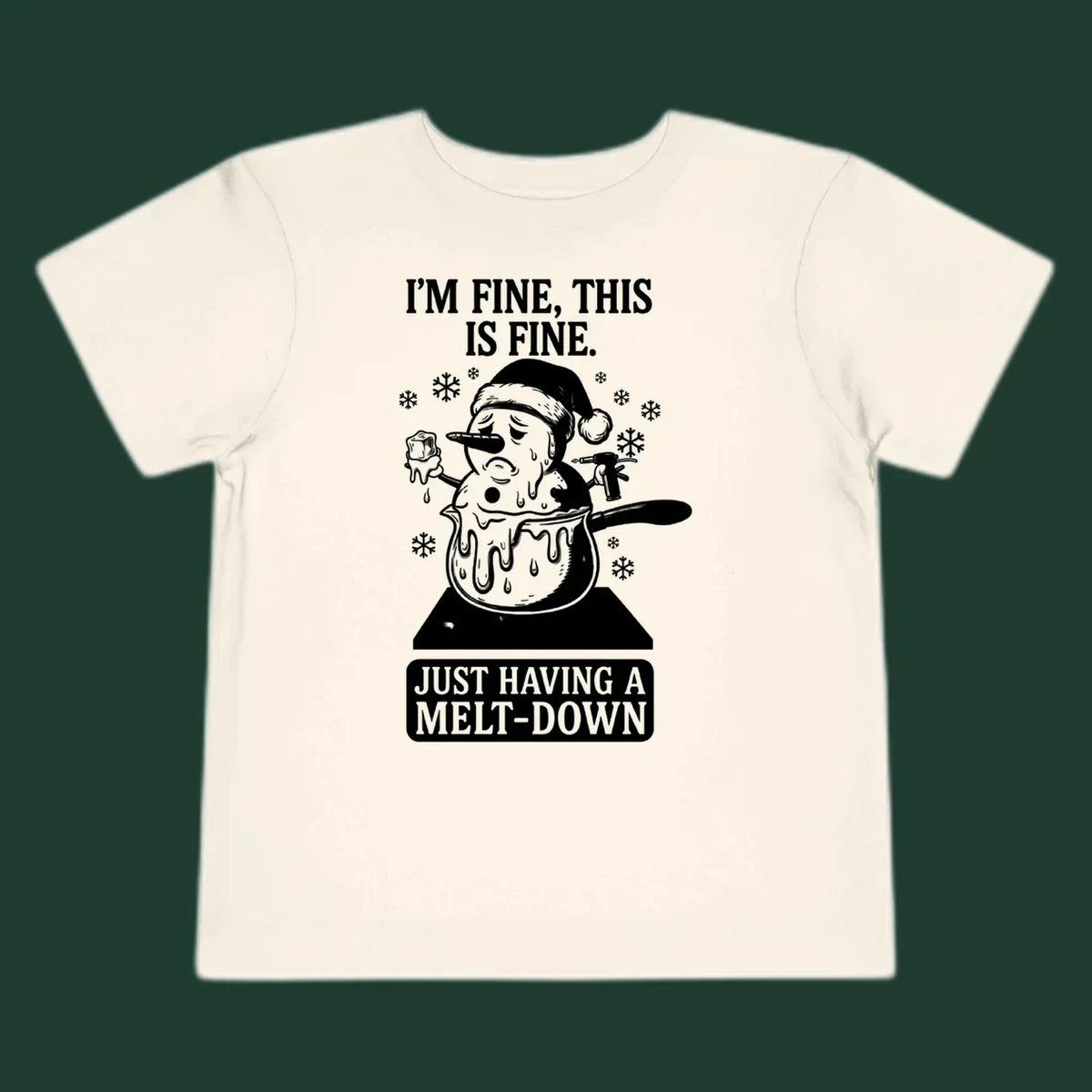 Melting snowman in a pot with text 'I'M FINE, THIS IS FINE. JUST HAVING A MELT-DOWN.'