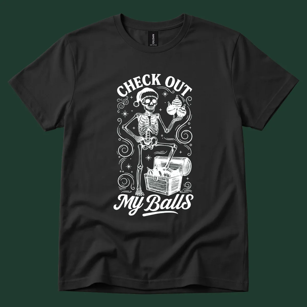 Skeleton in Santa hat holding ornaments next to treasure chest, with text 'CHECK OUT MY Balls'.