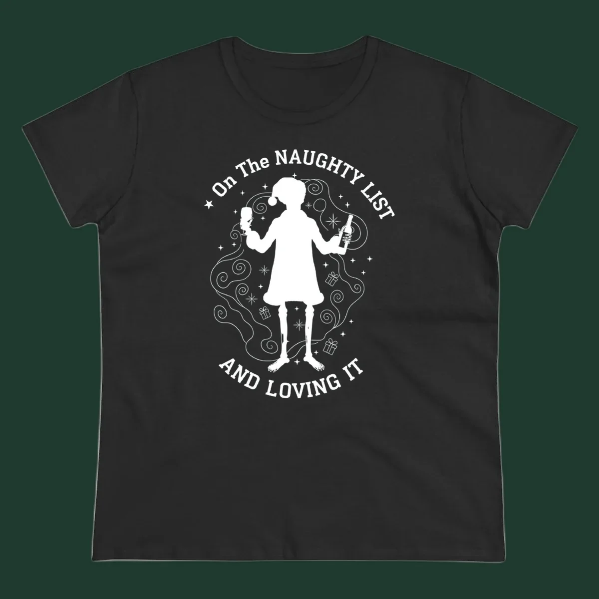 Silhouette of person in Santa hat holding wine, text 'Naughty List And Loving It'.