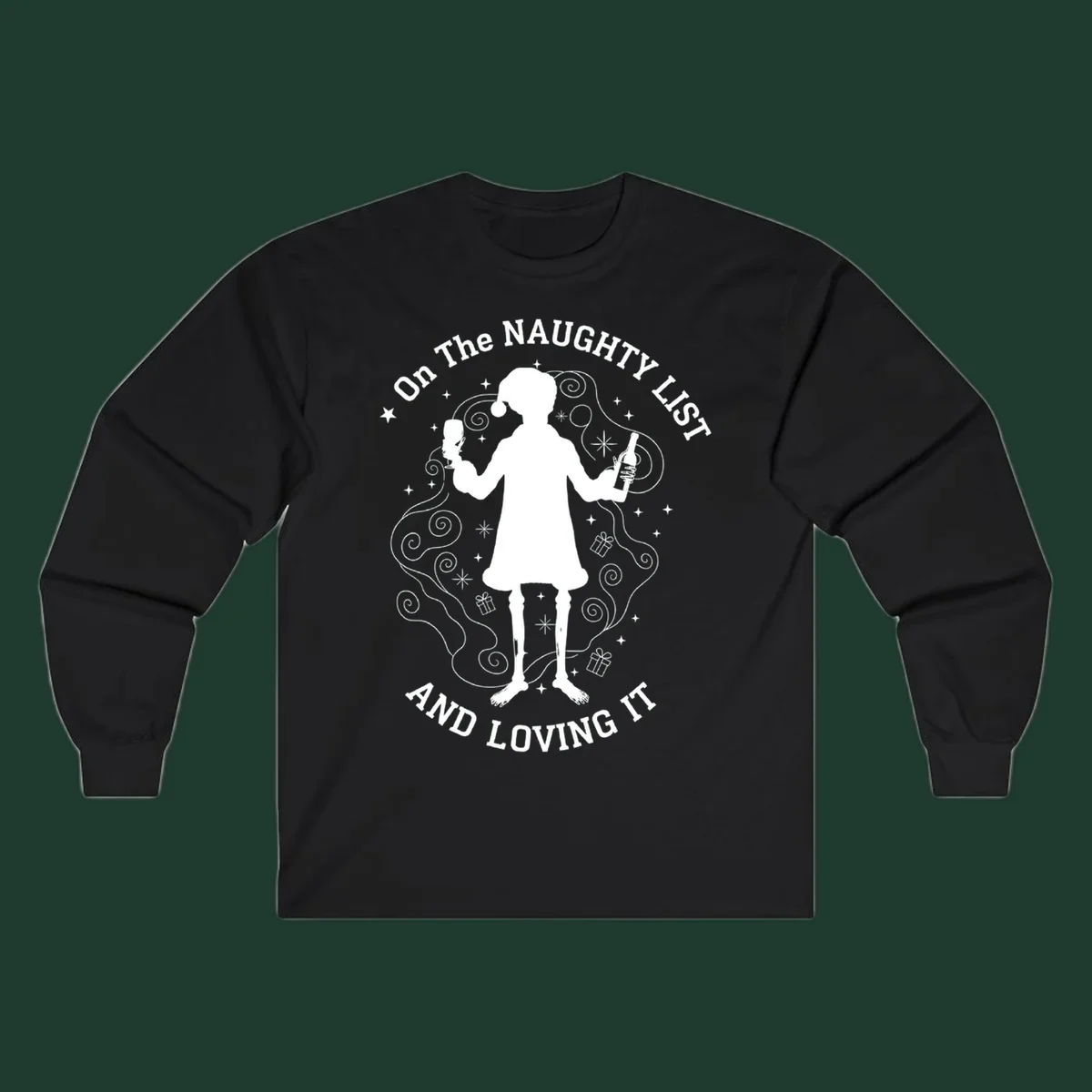 Silhouette of person in Santa hat holding wine, text 'Naughty List And Loving It'.
