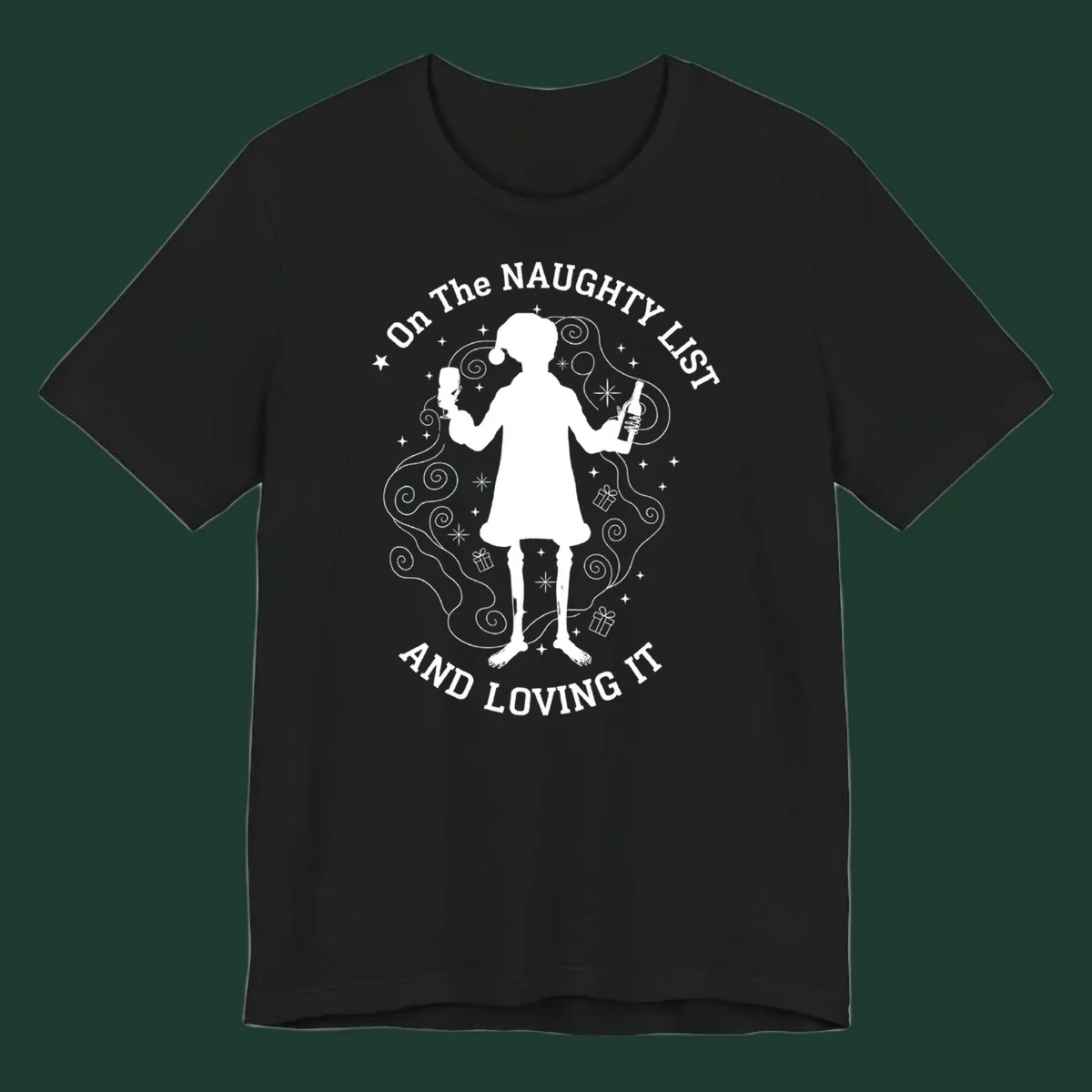 Silhouette of person in Santa hat holding wine, text 'Naughty List And Loving It'.