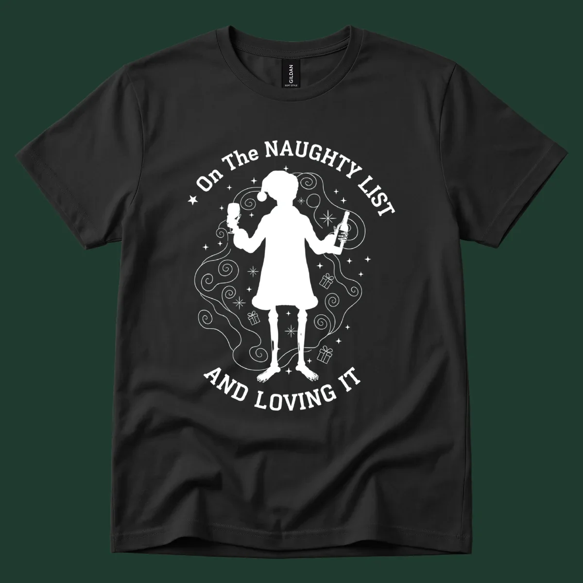 Silhouette of person in Santa hat holding wine, text 'Naughty List And Loving It'.