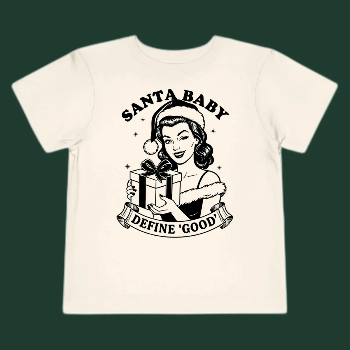 Santa Baby Define Good illustration with woman holding gift, text.
