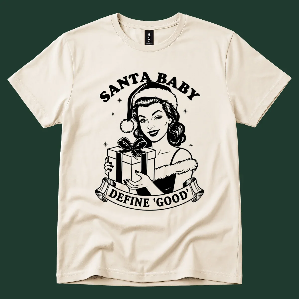 Santa Baby Define Good illustration with woman holding gift, text.