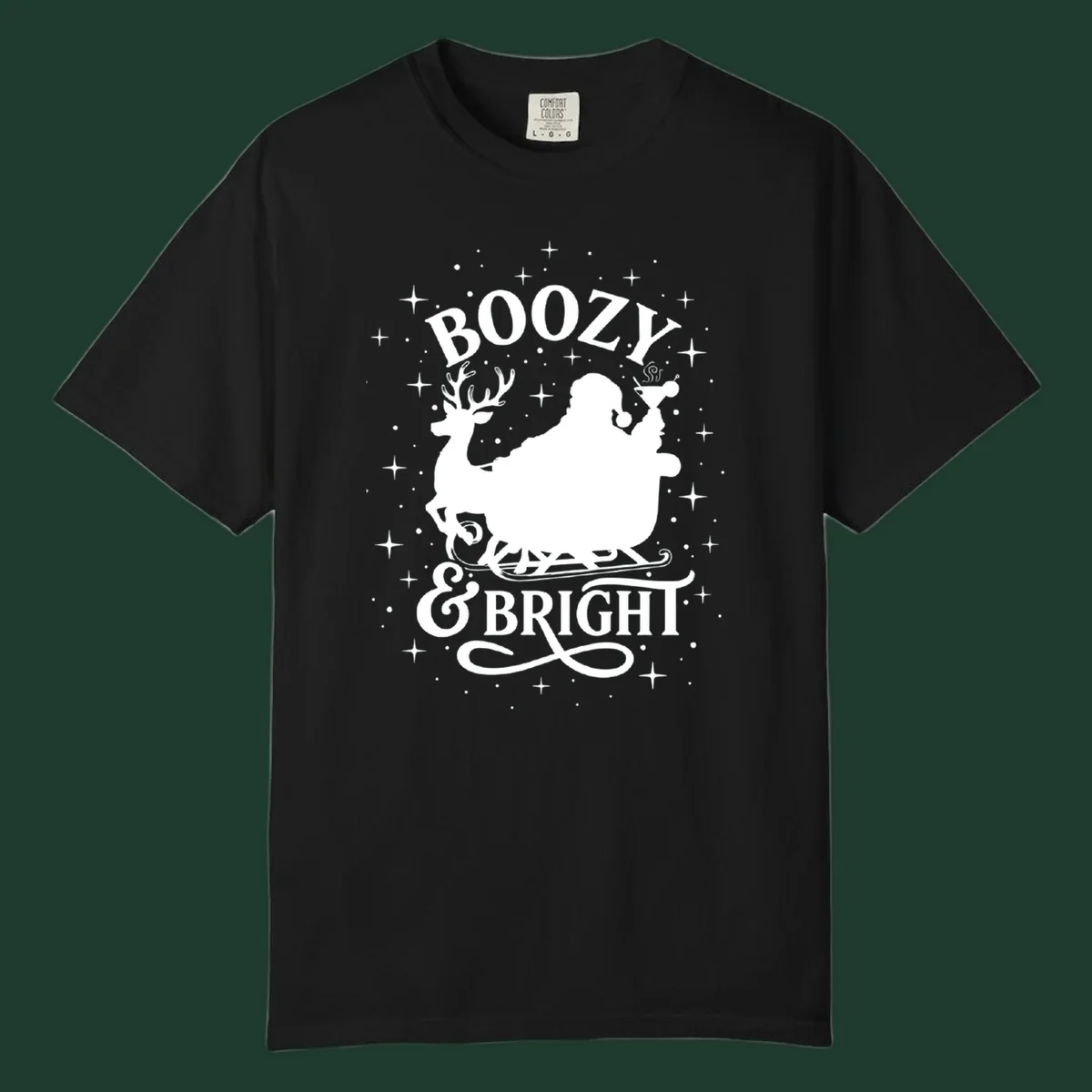 Boozy & Bright Christmas design with Santa, reindeer, sleigh, martini, and stars.