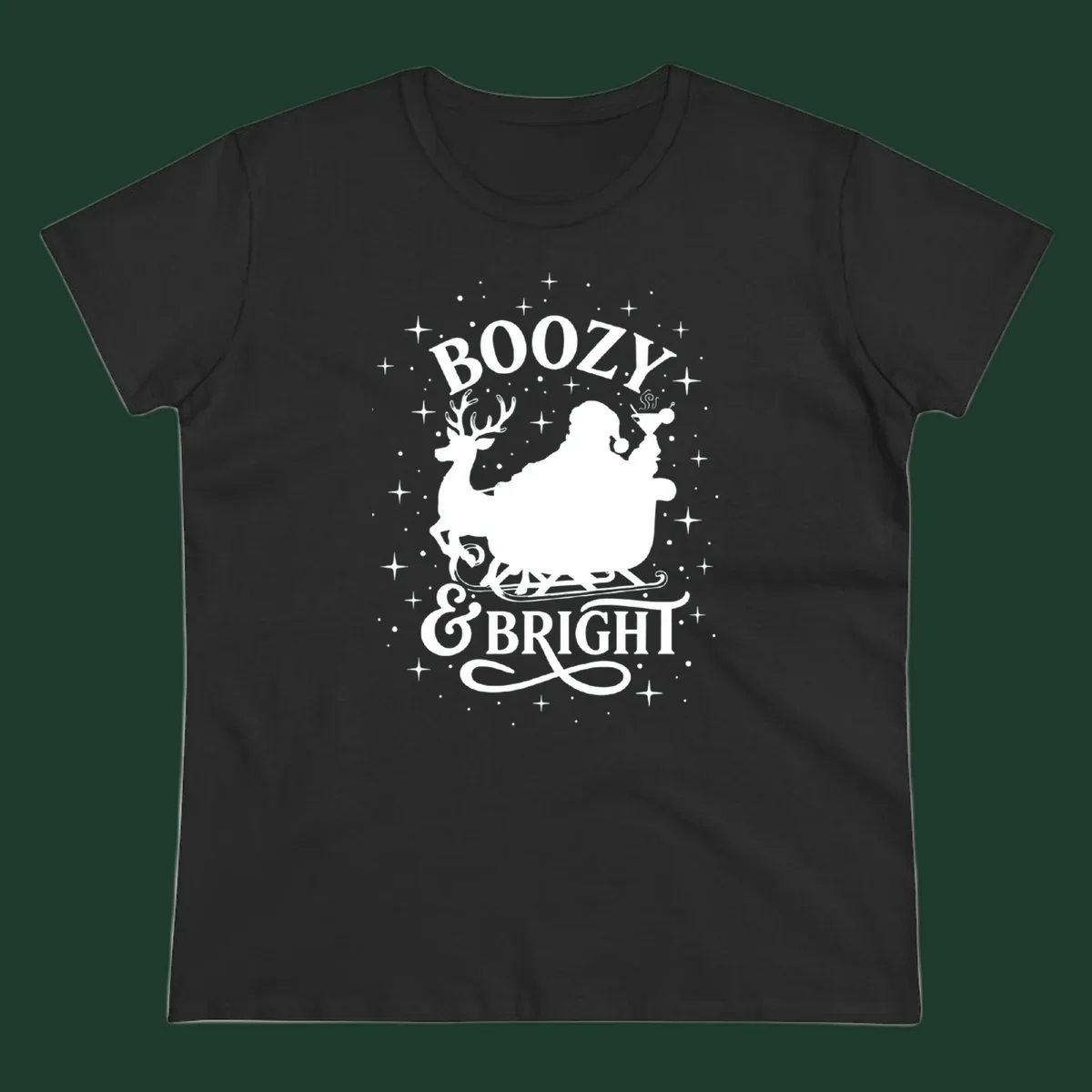 Boozy & Bright Christmas design with Santa, reindeer, sleigh, martini, and stars.