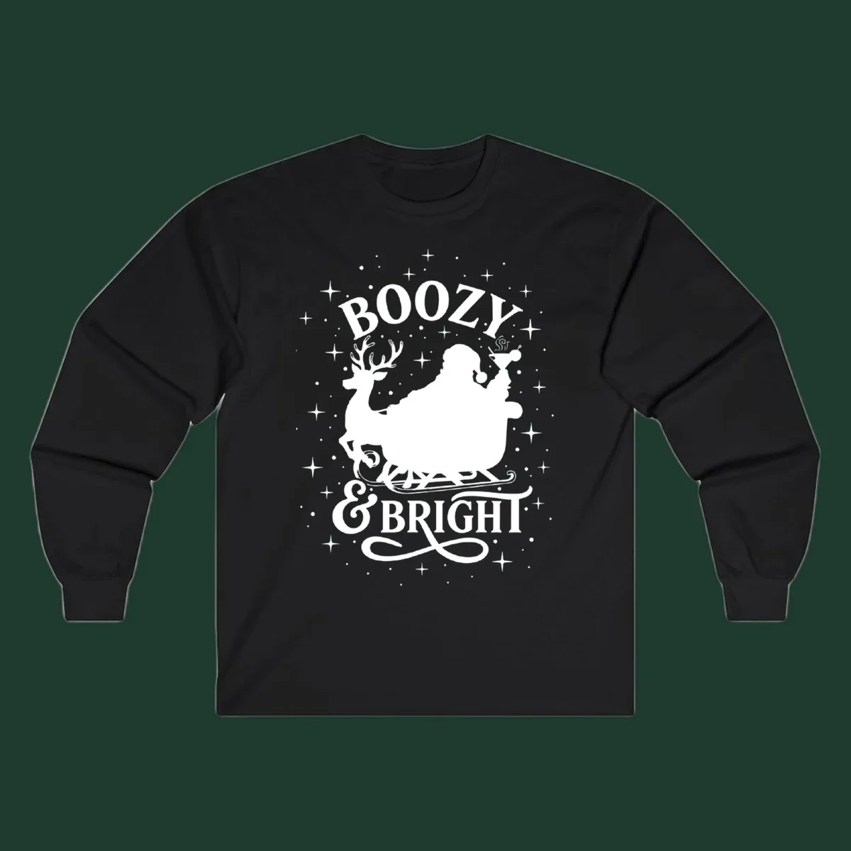 Boozy & Bright Christmas design with Santa, reindeer, sleigh, martini, and stars.