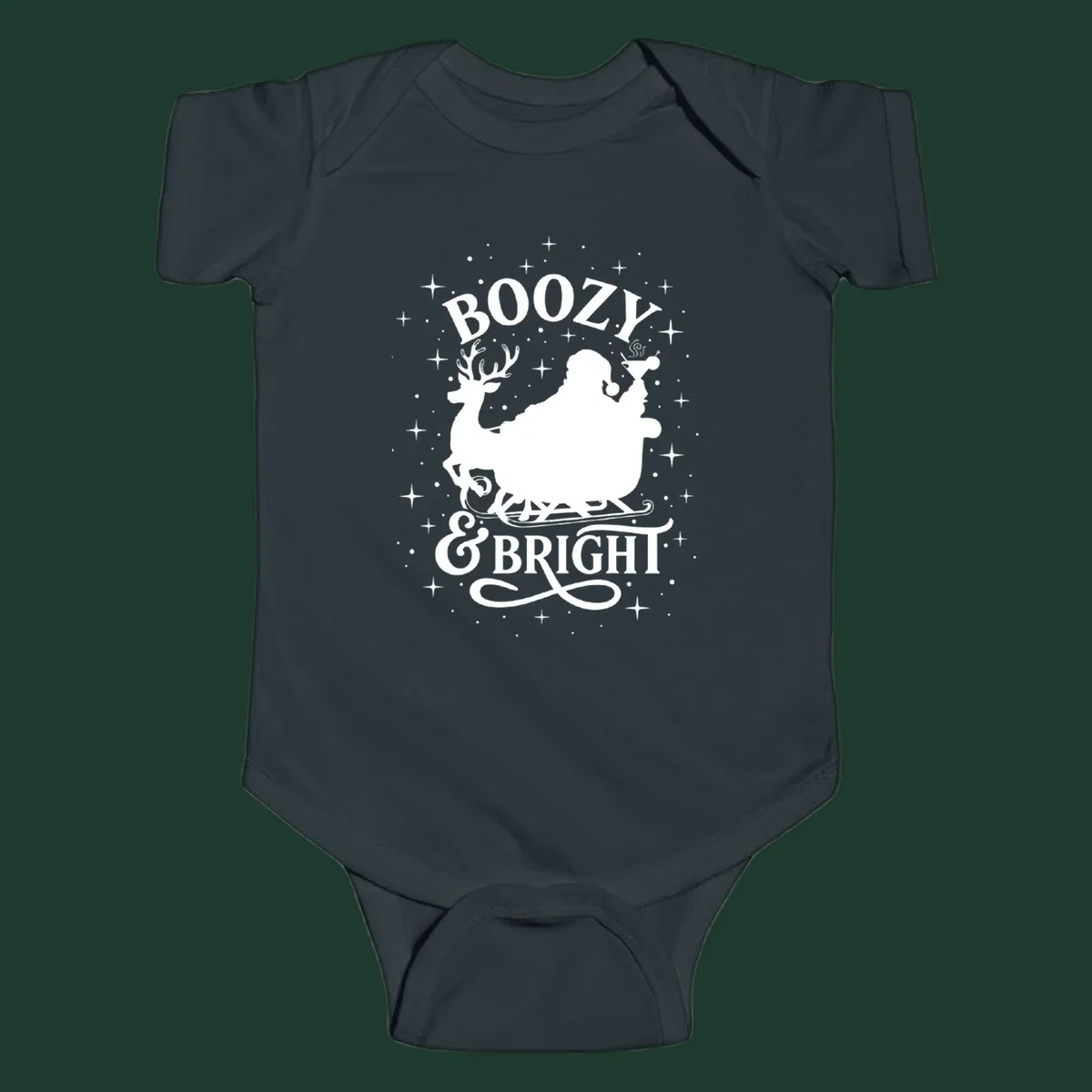 Boozy & Bright Christmas design with Santa, reindeer, sleigh, martini, and stars.