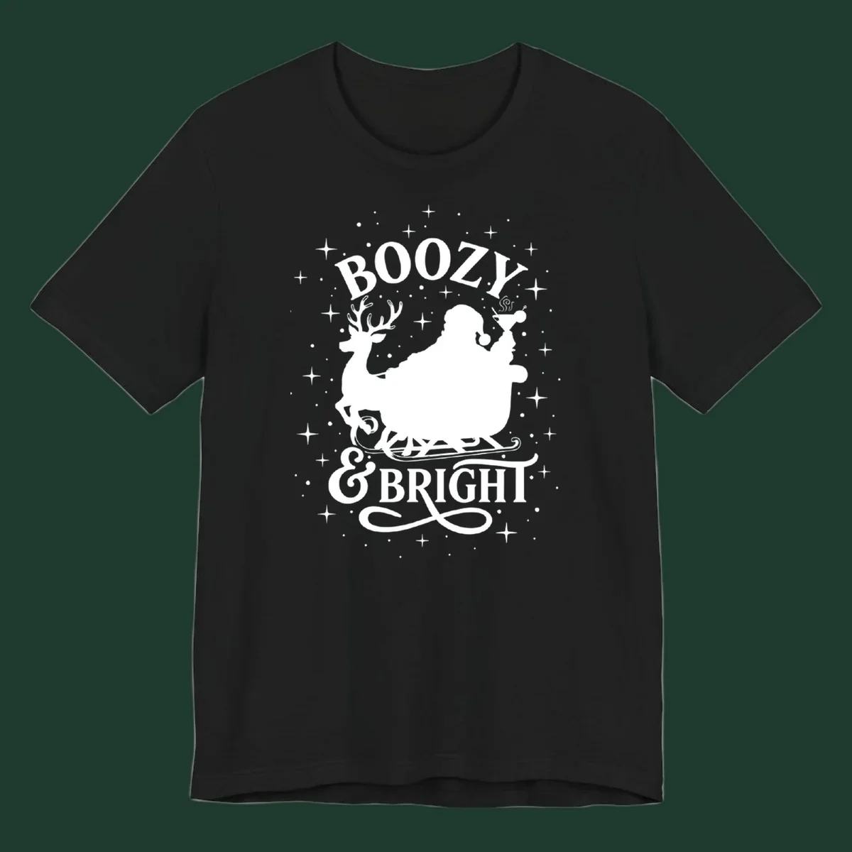 Boozy & Bright Christmas design with Santa, reindeer, sleigh, martini, and stars.