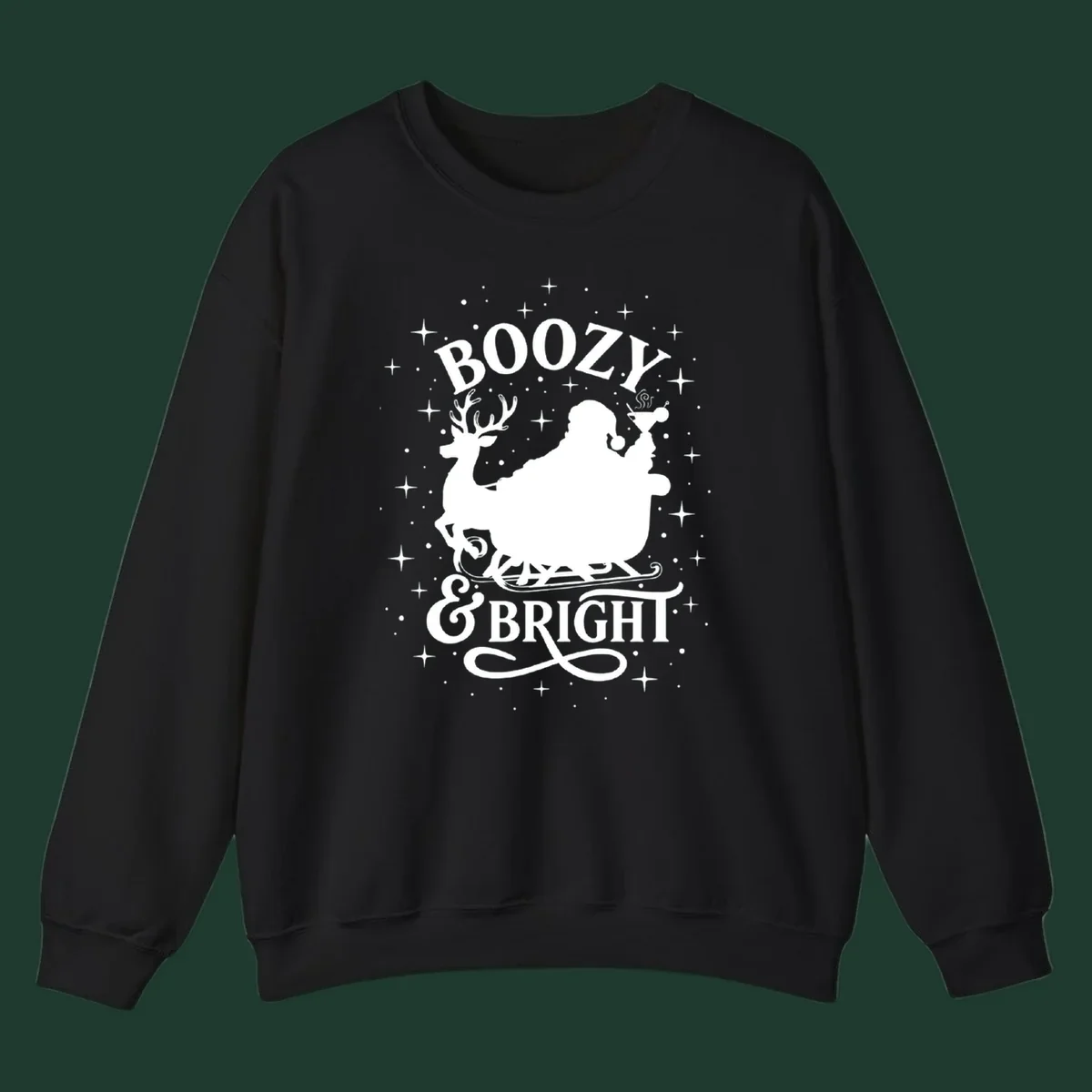 Boozy & Bright Christmas design with Santa, reindeer, sleigh, martini, and stars.