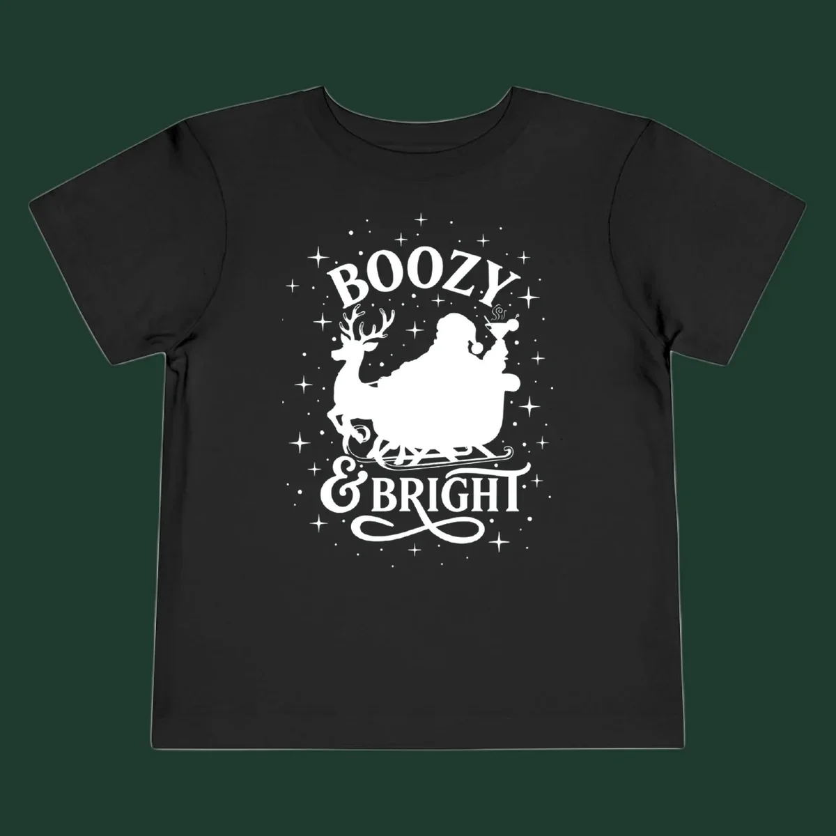 Boozy & Bright Christmas design with Santa, reindeer, sleigh, martini, and stars.