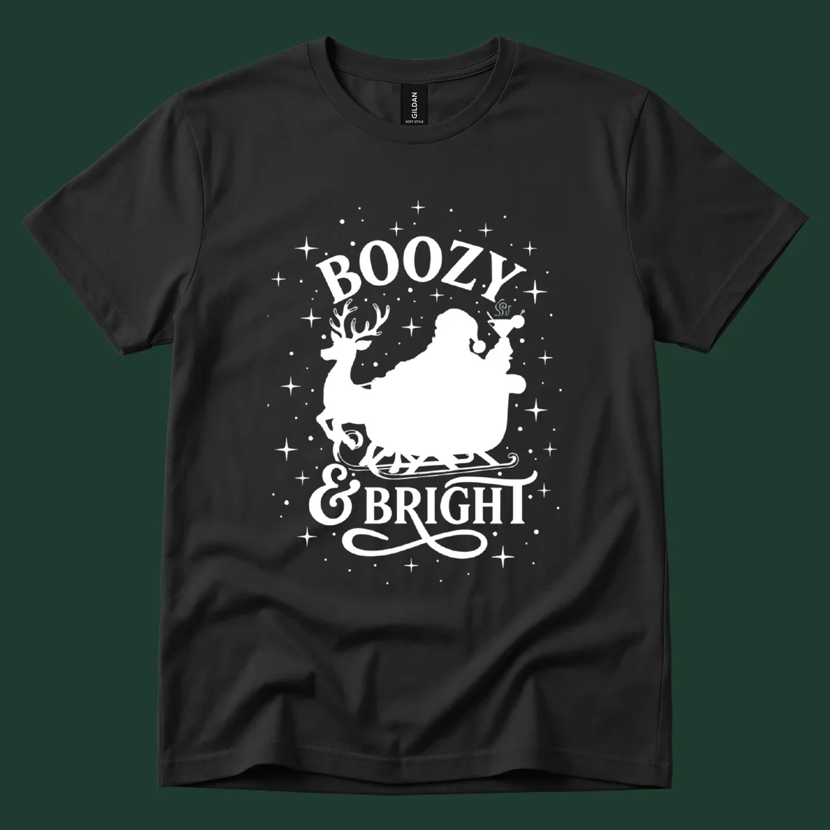 Boozy & Bright Christmas design with Santa, reindeer, sleigh, martini, and stars.