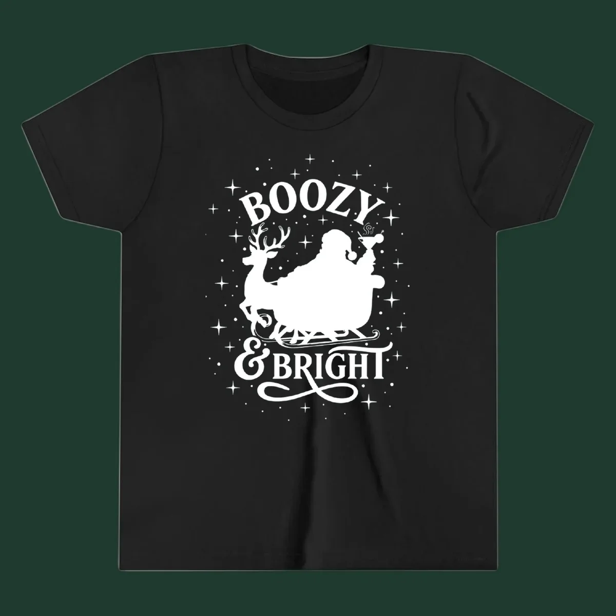Boozy & Bright Christmas design with Santa, reindeer, sleigh, martini, and stars.